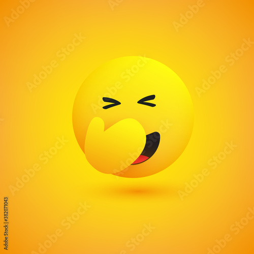 Hand Over Face - Embarrassed Laughing Emoticon with Closed Eyes - Simple Emoticon on Yellow Background - Vector Design Illustration