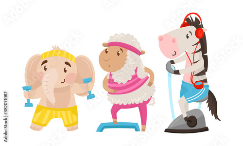 Funny Animals in Sportswear Lifting Dumbbells and Doing Physical Exercise Vector Set