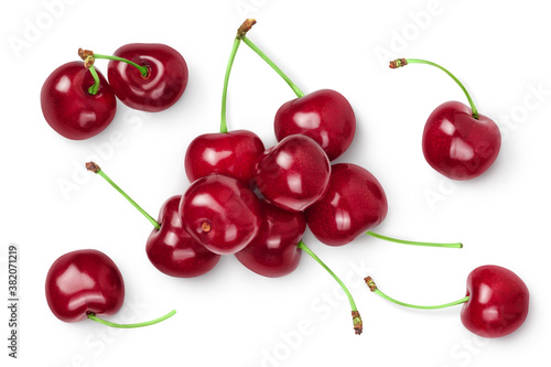 red sweet cherry isolated on white background with clipping path . Top view. Flat lay