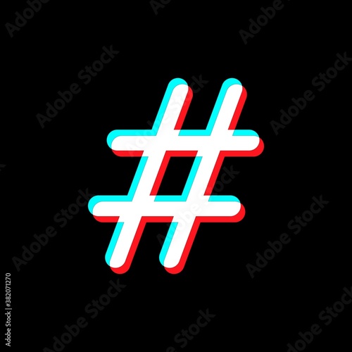 Hashtag icon with colors of the popular social network. Isolated on black background