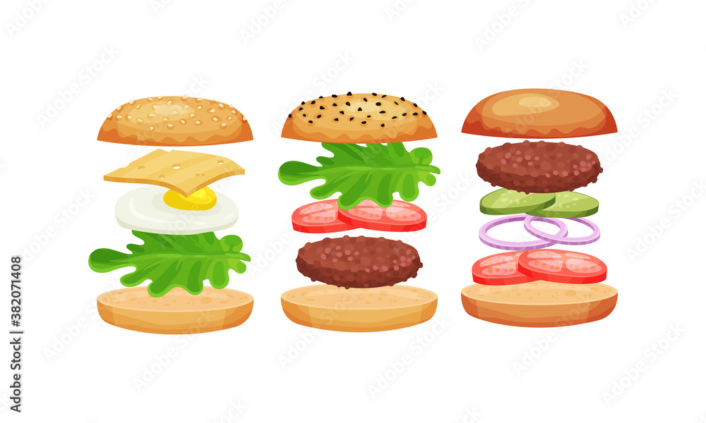 Burger with Floating Layer Ingredients as Fast Food Recipe Vector Set Burger with Floating Layer Ingredients as Fast Food Recipe Vector Set