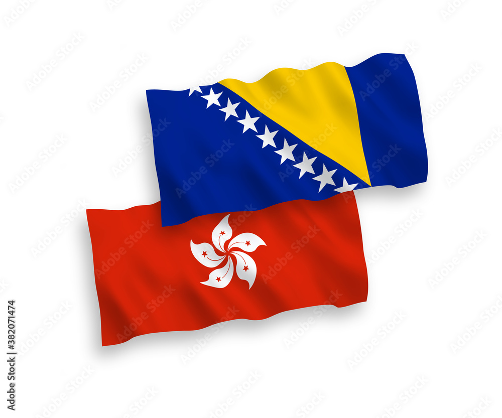 Flags of Bosnia and Herzegovina and Hong Kong on a white background Flags of Bosnia and Herzegovina and Hong Kong on a white background