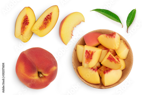 ripe peach isolated on white background with clipping path. Top view with copy space for your text. Flat lay pattern