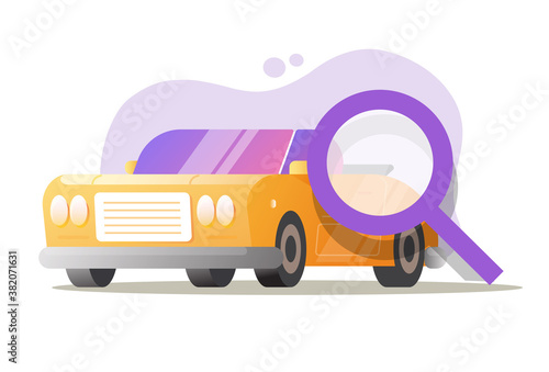 Automotive service car automobile test check inspection vector flat cartoon illustration, auto vehicle diagnostic concept, diagnosis analysis review or monitoring scan technology modern