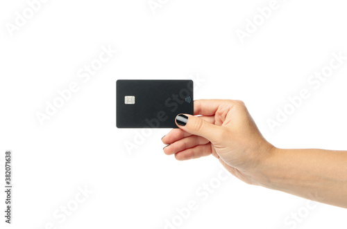 Female hand hold black card, isolated on white background