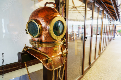 Vintage diving helmet. Vintage original Soviet 3-bolt diving