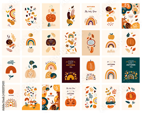 Fototapeta Naklejka Na Ścianę i Meble -  Vector collection of A1 autumn prints, posters and cards with autumn symbols and elements. Autumn pumpkins and Rainbows