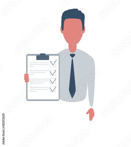 Businessman or clerk. Male character in trendy simple style with objects, flat vector illustration. Business concept. Isolated on white background.