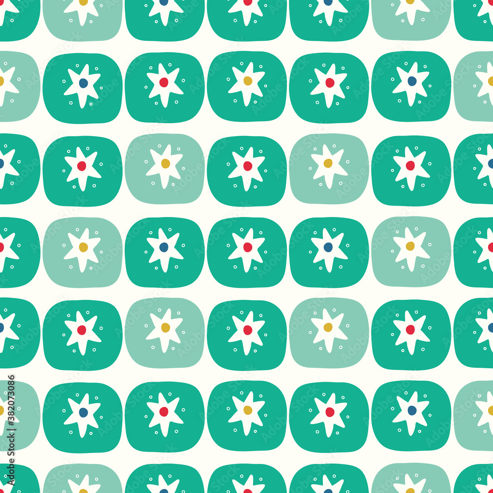 Christmas star geometric pattern design. Cute vector seamless repeat in green and red. 