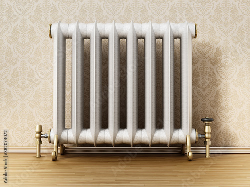 Vintage radiatorstanding next to the wall. 3D illustration