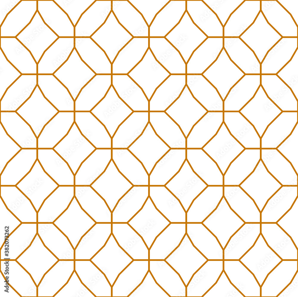 Interlocking grid of rings with diamond shaped centers in a repeating gold outline pattern on a white background, geometric vector illustration Interlocking grid of rings with diamond shaped centers in a repeating gold outline pattern on a white background, geometric vector illustration
