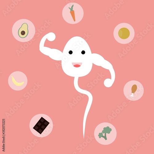 Flat illustration of best food for sperm concept. Sperm with carrot, dark chocolate, banana, egg yolk, broccoli, avocado, and chicken. Good to use for fertility content.