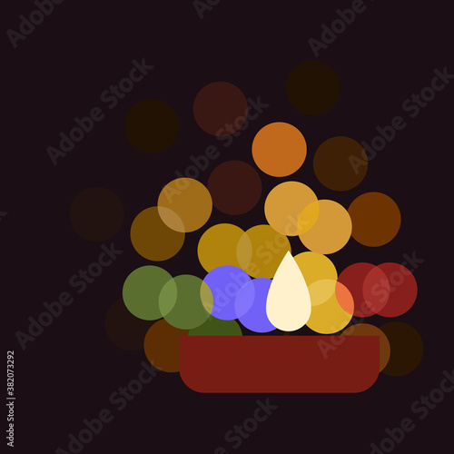 Burning Diwali festival lamp with glowing bubbles in dark background photo