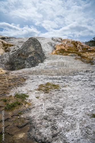 hydrothermal areas of mammoth hot springs in yellowstone national park, wyoming in the usa