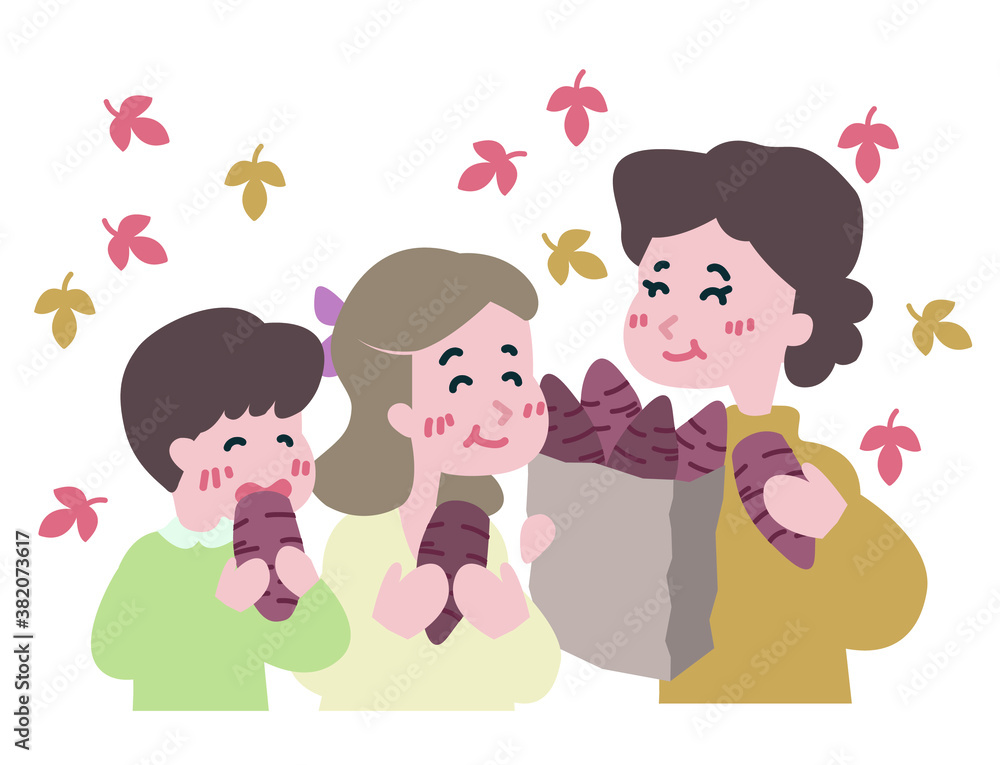 Parents and children eating roasted sweet potatoes Parents and children eating roasted sweet potatoes