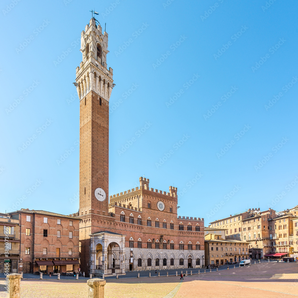View of Piazza del Campo (Campo Square)with the Mangia Tower (Torre del Mangia)in Siena, Italy