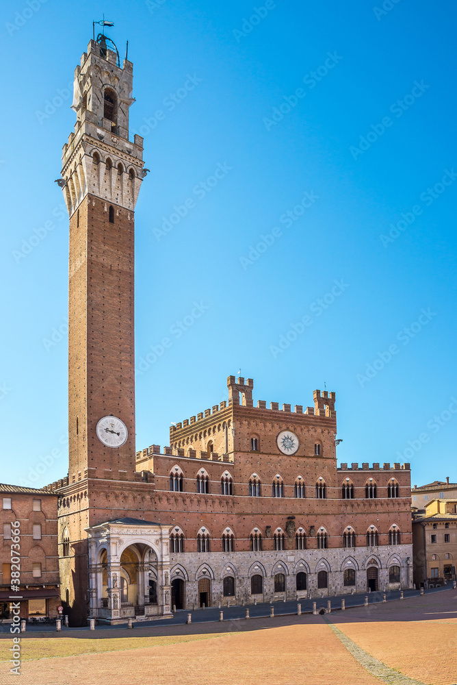View of Piazza del Campo (Campo Square)with the Mangia Tower (Torre del Mangia)in Siena - Italy