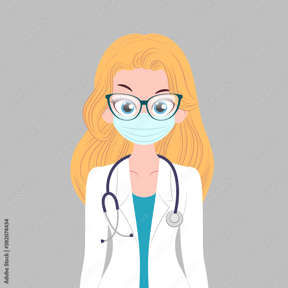 Young lady doctor character wearing medical mask with stethoscope Young lady doctor character wearing medical mask with stethoscope