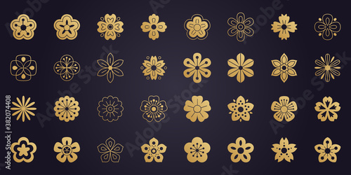 Big vector collection of sakura flowers icons. 32 Japanese cherry blossom symbols isolated on dark background.