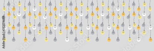Cute Christmas hand drawn light bulb garlands horizontal banner background