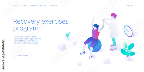 Physiotherapy exercises isometric vector illustration. Injury recovery or treatment program with patient and physiotherapist. Web banner for rehabilitation center or hospital concept.