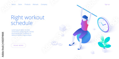 Physiotherapy exercises isometric vector illustration. Injury recovery or treatment program with female with stick on ball. Web banner for rehabilitation center or hospital concept.