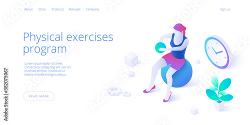 Physiotherapy exercises isometric vector illustration. Injury recovery or treatment program with female with weight on ball. Web banner for rehabilitation center or hospital concept.
