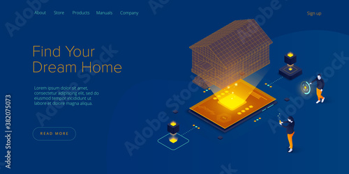 Real estate searching service app. Property mortgage or loan concept in isometric vector illustration. Home buying or property rent payment system. Web banner for finding house application.