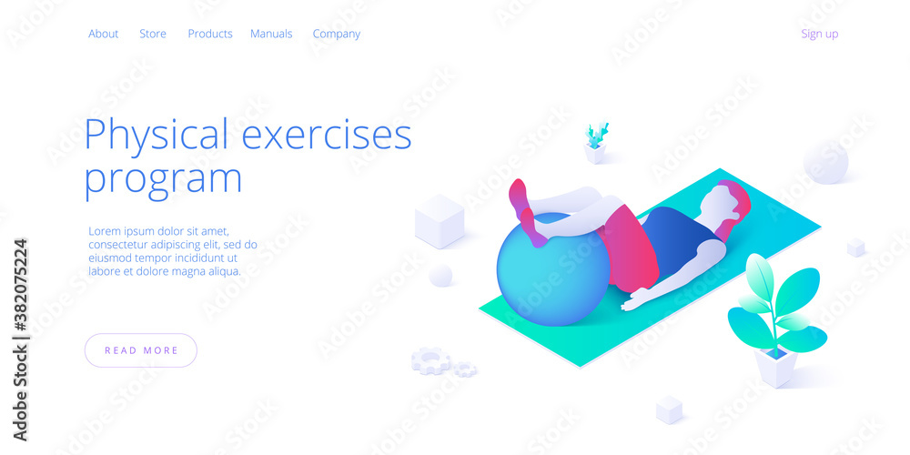 Physiotherapy exercises isometric vector illustration. Injury recovery or treatment program with female with ball on yoga carpet. Web banner for rehabilitation center or hospital concept.