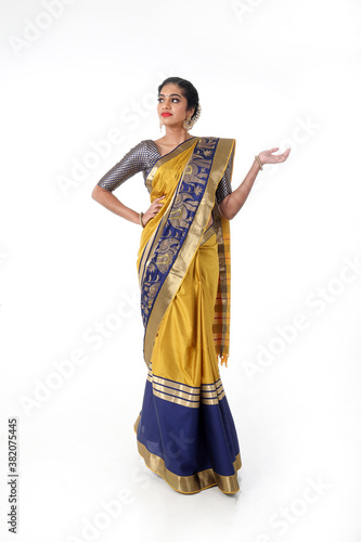 South east Asian Indian race ethnic origin woman wearing Indian dress costume sharee multiracial community on white background photo