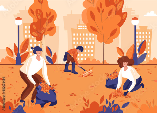Volunteers cleaning park. People gathering fallen leaves in autumn park. Vector Illustration.