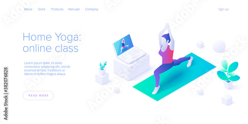 Female staying home. Yoga online class in pilates pose in isometric vector design. Concept for wellness or healthy lifestyle with woman exercising in lotus position. Web banner layout.