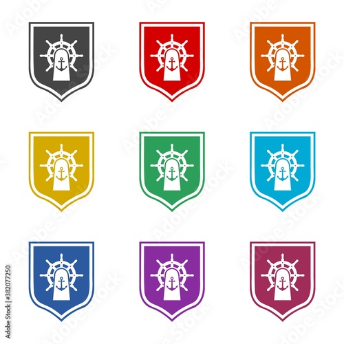 Maritime heraldic shield emblem. Nautical icon, color set