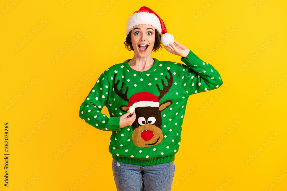 Crazy girl ready x-mas christmas atmosphere theme party hold pompon headwear redindeer decor sweater jumper impressed wear denim jeans isolated bright shine color background Crazy girl ready x-mas christmas atmosphere theme party hold pompon headwear redindeer decor sweater jumper impressed wear denim jeans isolated bright shine color background