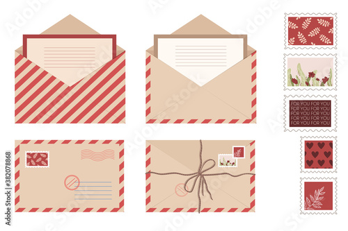 Set romantic kraft envelope letter and post cards. Isolated open envelopes with stamps and seals in flat style. Vector stock illustration.