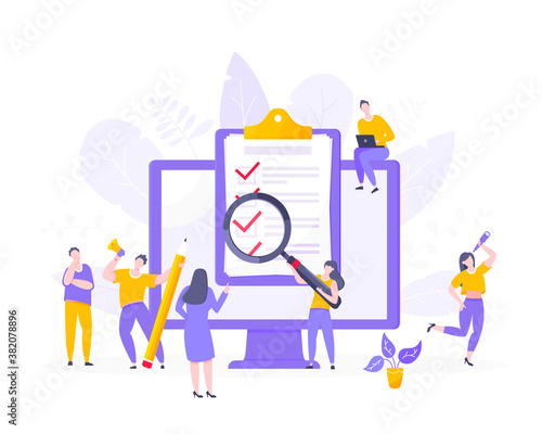 Online survey form or exam application on the monitor screen, claim form, clipboard and tiny people working together. Internet questionnair, online education quiz vector illustration concept metaphor.