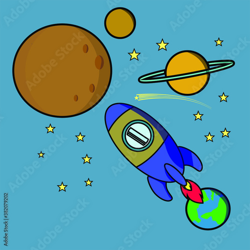 Cartoon illustration. A rocket crosses space, wanting to land on the moon