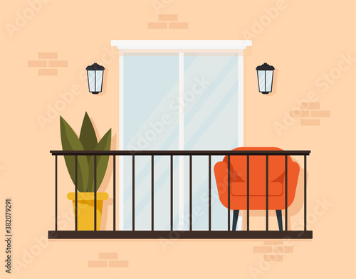 Stylish exterior of a cozy balcony with furniture and a large window. Design with an armchair, indoor flowers. Flat style. Vector stock illustration. Comfortable terrace in yellow colors. City life.
