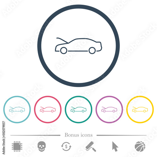 Car hood open dashboard indicator flat color icons in round outlines