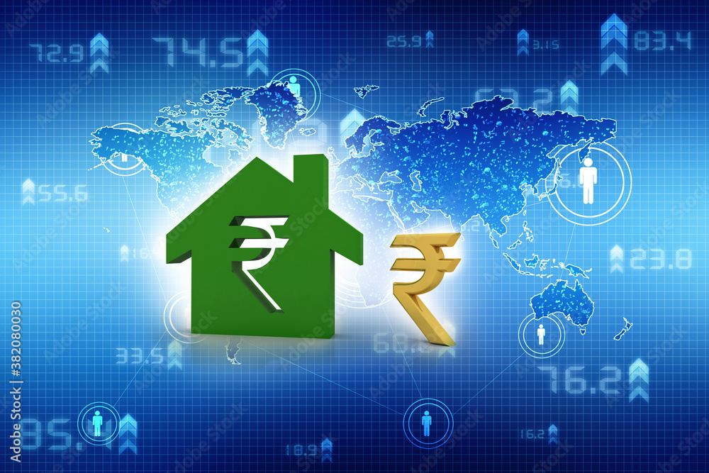 Fototapeta premium 3D rendering Real estate industry-house on indian rupee