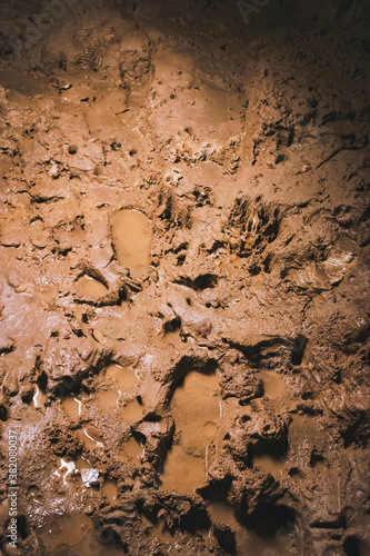 Footprint on mud ground sand texture Adventure cave explorer