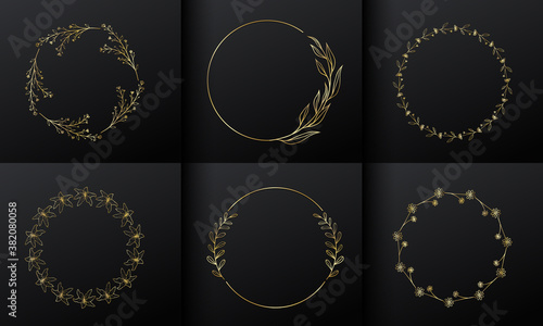 Golden circle flower frame for monogram logo design. Gradient gold flower border.