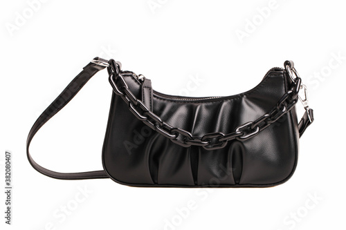 Black female leather handbag with chain