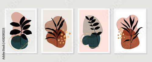 Botanical wall art vector set. Earth tone boho foliage line art drawing with  abstract shape.  Abstract Plant Art design for print, cover, wallpaper, Minimal and  natural wall art.. © TWINS DESIGN STUDIO