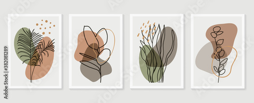 Botanical wall art vector set. Earth tone boho foliage line art drawing with  abstract shape.  Abstract Plant Art design for print, cover, wallpaper, Minimal and  natural wall art..