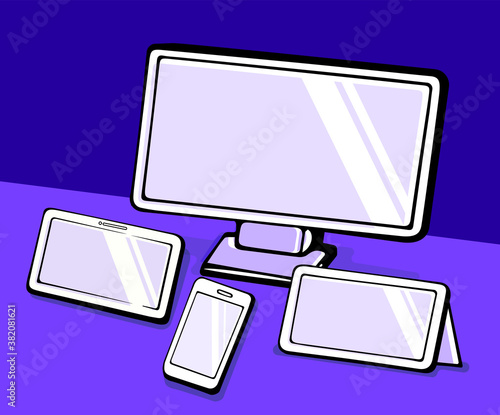 Doodle set of digital devices on blue background, computer, smarphone, tablet displays for mockup purpose. Touch Hand drawn vector. Simple sketching with pen. Vector illustration. Line art cartoon. 