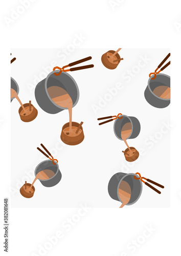 Editable Three-Quarter Top View of Pouring Masala Chai from Pan into Pottery Cup Vector Illustration Seamless Pattern for Creating Background of Beverages With South Asian Culture and Tradition