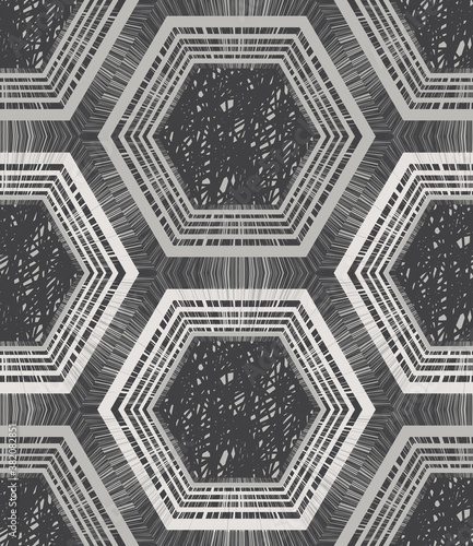 Seamless pattern with abstract graphic structure of hexagonal elements. Vector illustration for print or textile.