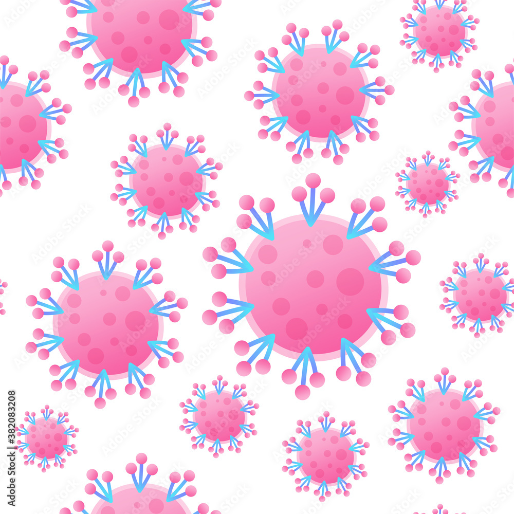 Seamless pattern with viruses of the bacteria coronavirus disease Covid-19. Corona virus on white background. Covid-19 in Wuhan, Global spread. Concept of icon of stopping corona virus. Flat design. Seamless pattern with viruses of the bacteria coronavirus disease Covid-19. Corona virus on white background. Covid-19 in Wuhan, Global spread. Concept of icon of stopping corona virus. Flat design.