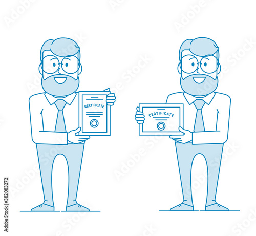 Happy man holding certificate. Certification confirmation. Character - a man in glasses and with beard. Office worker in a shirt with a tie. Illustration in line art style. Vector